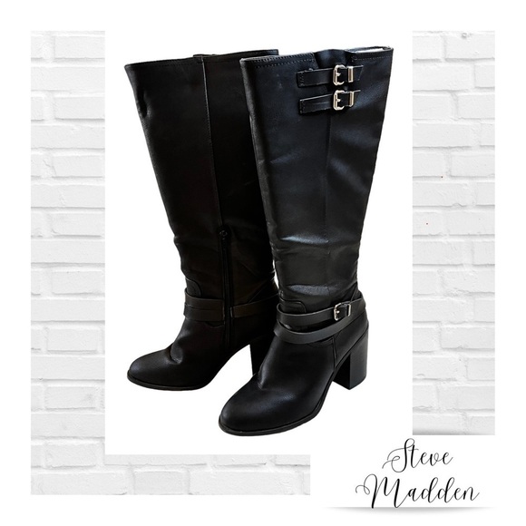 Steve Madden Edrea Black Knee High Boots Harness Buckle Side Zip Size 10 - Picture 1 of 9